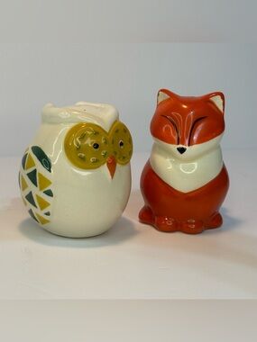 Ceramic Fox & Owl Salt and Pepper Shakers - Orange, Cream, Yellow, Green